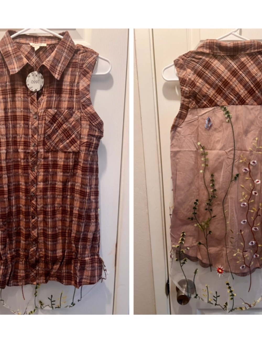 ODDY Sleeveless Plaid Button-Front Top with Embroidered Back - Brown/Pink